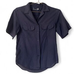 Vintage 50s–60s Navy Workwear Button-Up Shirt — Double Pocket Short Sleeve